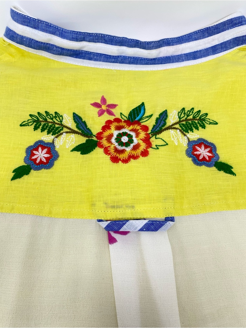 John Mark Blouse Top Linen Yellow Embroidered Mixed Media with Blue Striped Hem - Picture 7 of 13